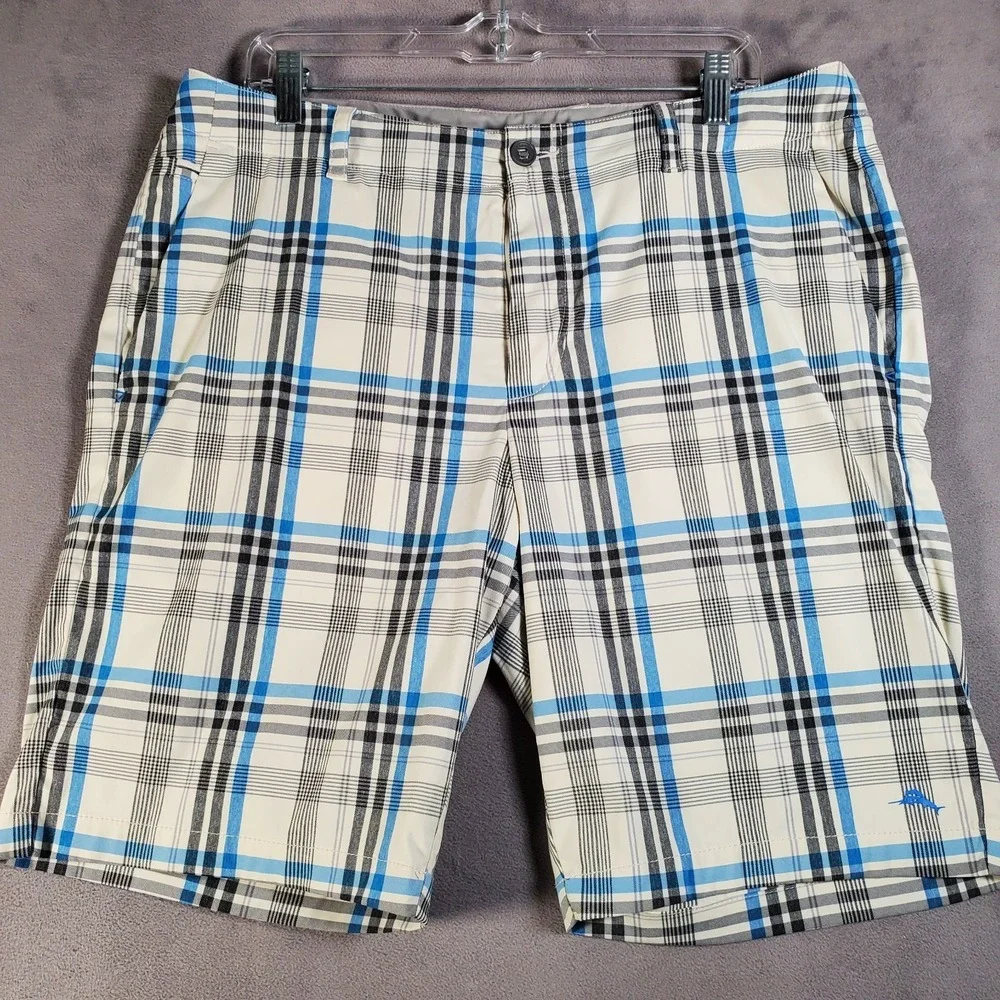 Tommy Bahama Shorts Mens 35 Blue Grey Plaid Stretch Preppy Golf 9
